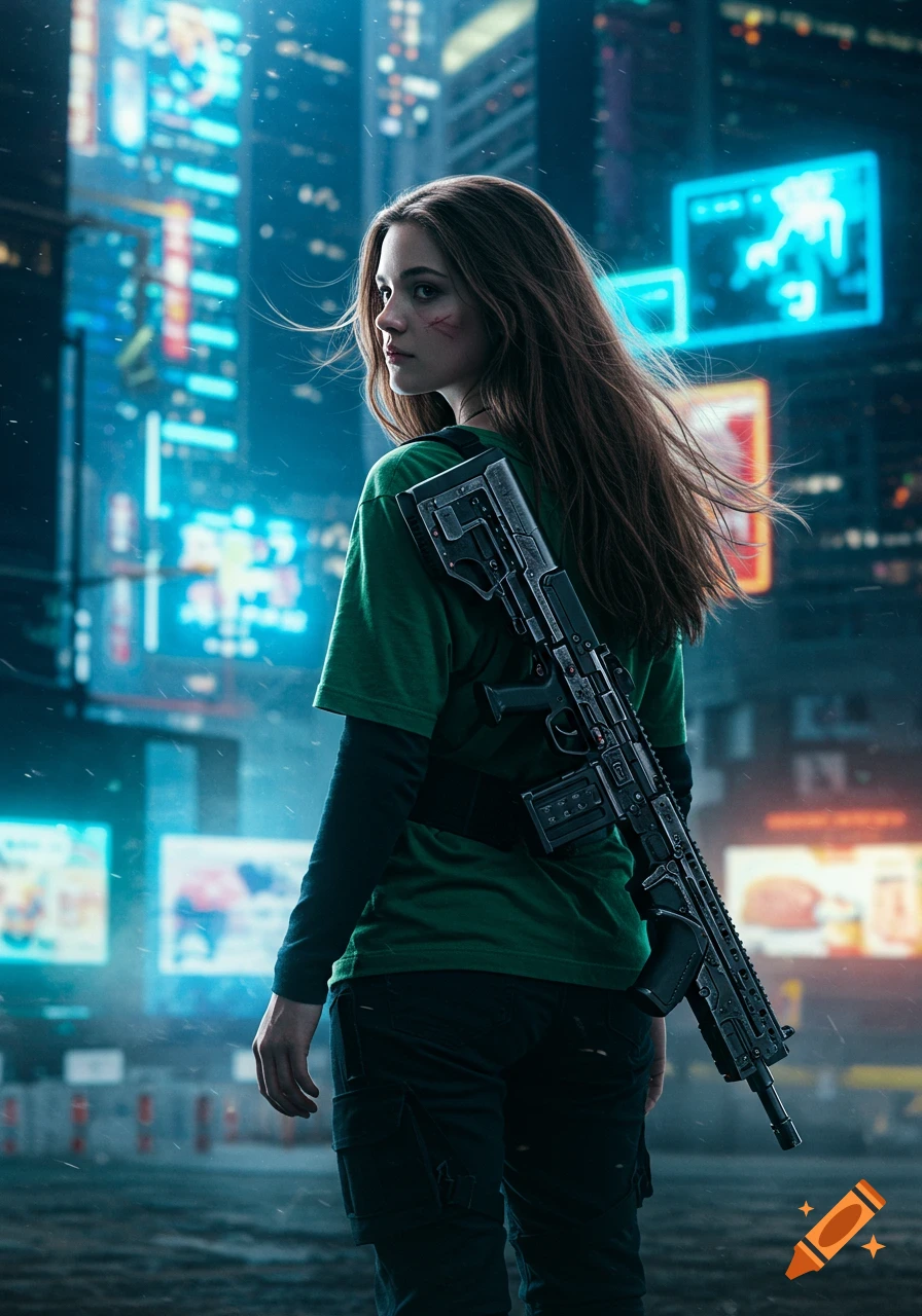 An older teenage girl with long brown hair, green shirt, black pants, and a rifle on her back, in a neon futuristic city.