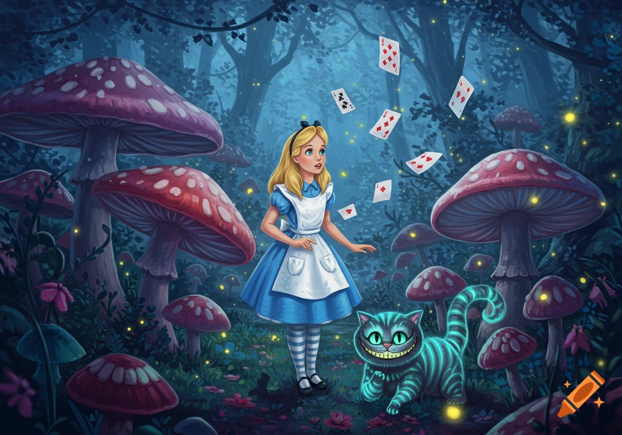 Alice in her blue dress looks up at floating playing cards while the glowing Cheshire Cat grins in a vibrant, mushroom-filled Wonderland forest.