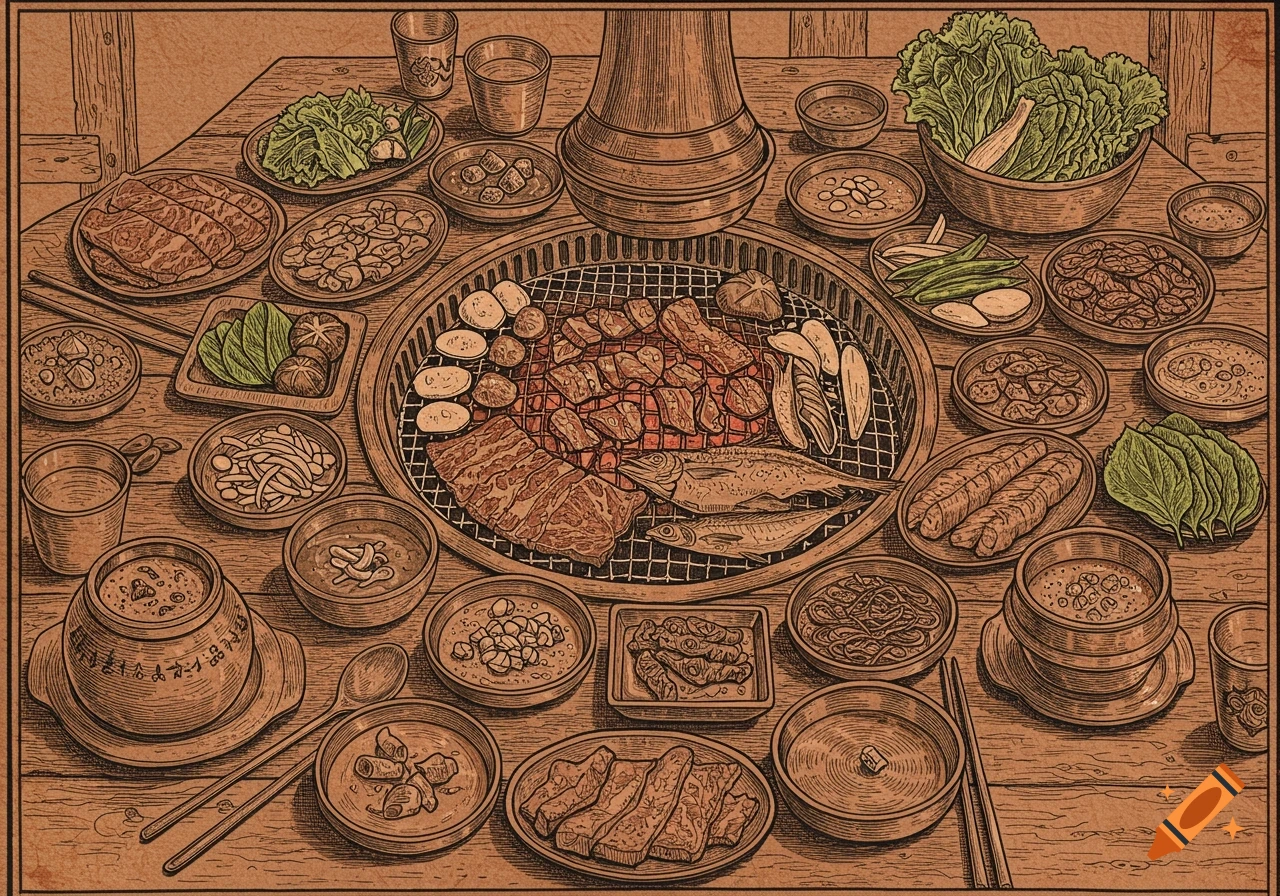 Overhead view of a Korean BBQ table laden with meat, fish, vegetables, sauces, and side dishes, drawn in a vintage engraving style.