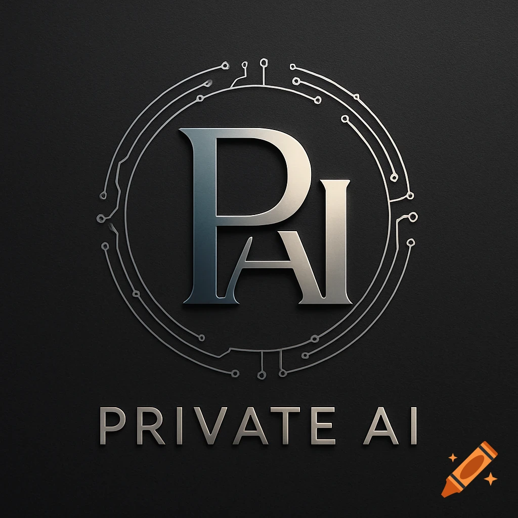 Metallic PAI logo within a circuit board circle, with 'PRIVATE AI' text below, on a dark textured background.
