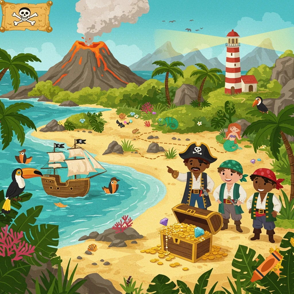 Colorful cartoon of a tropical pirate island with pirates, a mermaid, volcano, lighthouse, treasure, and exotic animals.