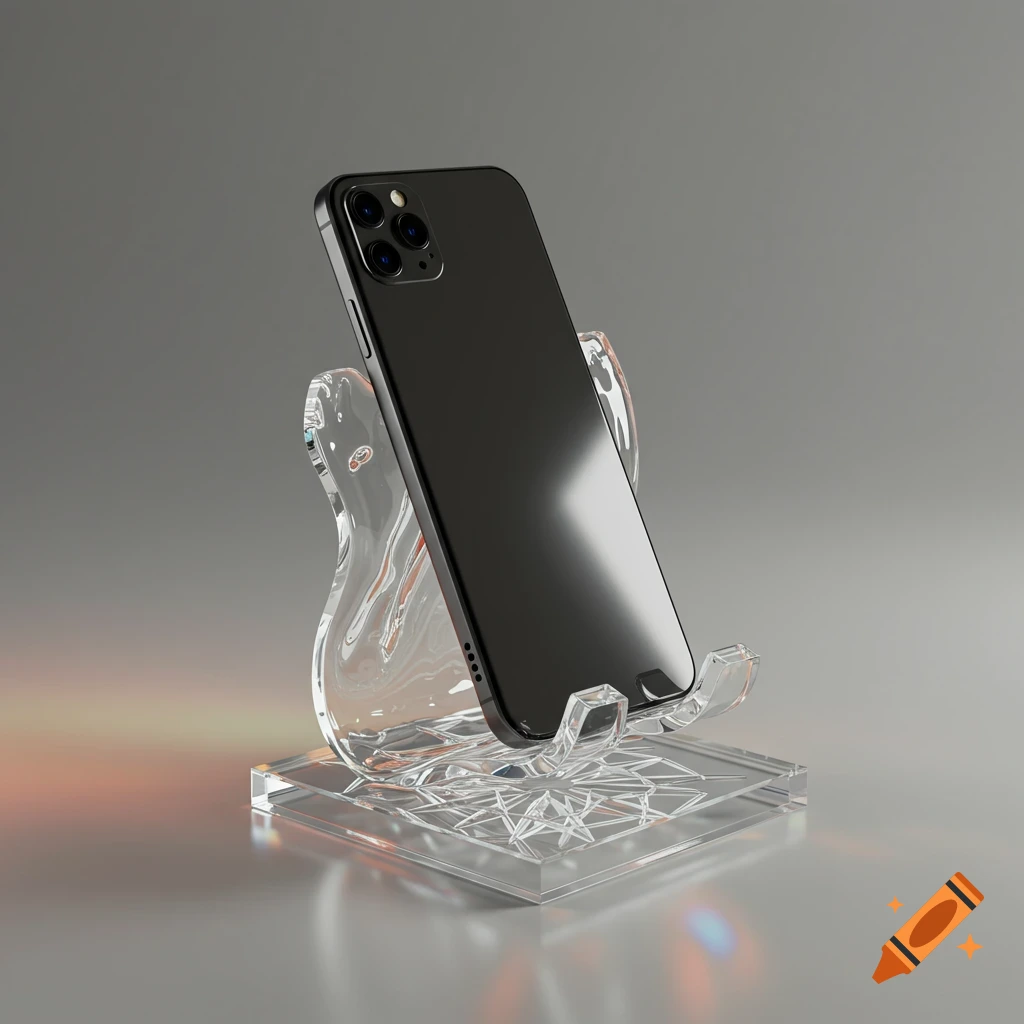 A black smartphone with multiple cameras on its back is resting on a clear, ornate acrylic phone holder.