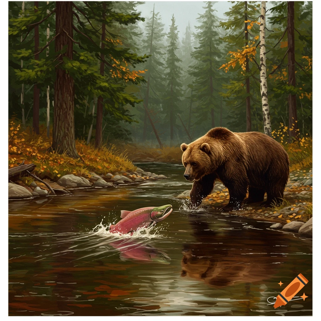 A brown bear stands in a river, observing a salmon jumping from the water, in a lush autumn forest painting.