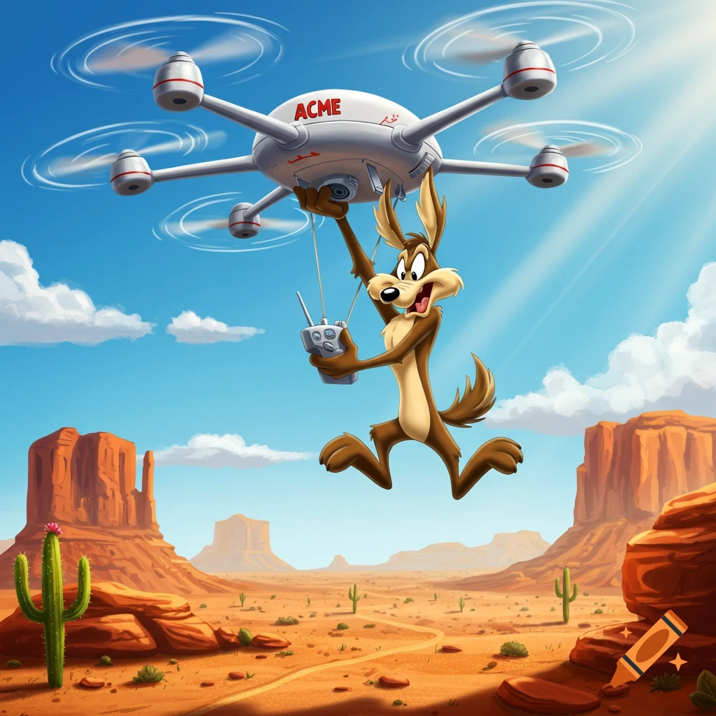 Wile E. Coyote hangs triumphantly from a white ACME drone, holding a remote control, soaring above a vast desert landscape with mesas and cacti under a blue sky.
