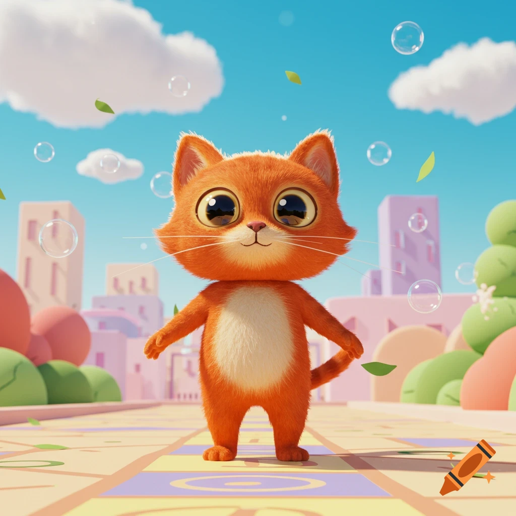 An adorable orange cartoon cat with large eyes stands on a colorful patterned ground in a whimsical cityscape with bubbles.