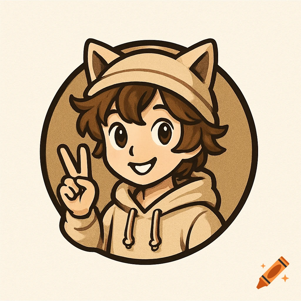 Cartoon character with brown messy hair, cat-ear hat, and beige hoodie making a peace sign in a circular logo.