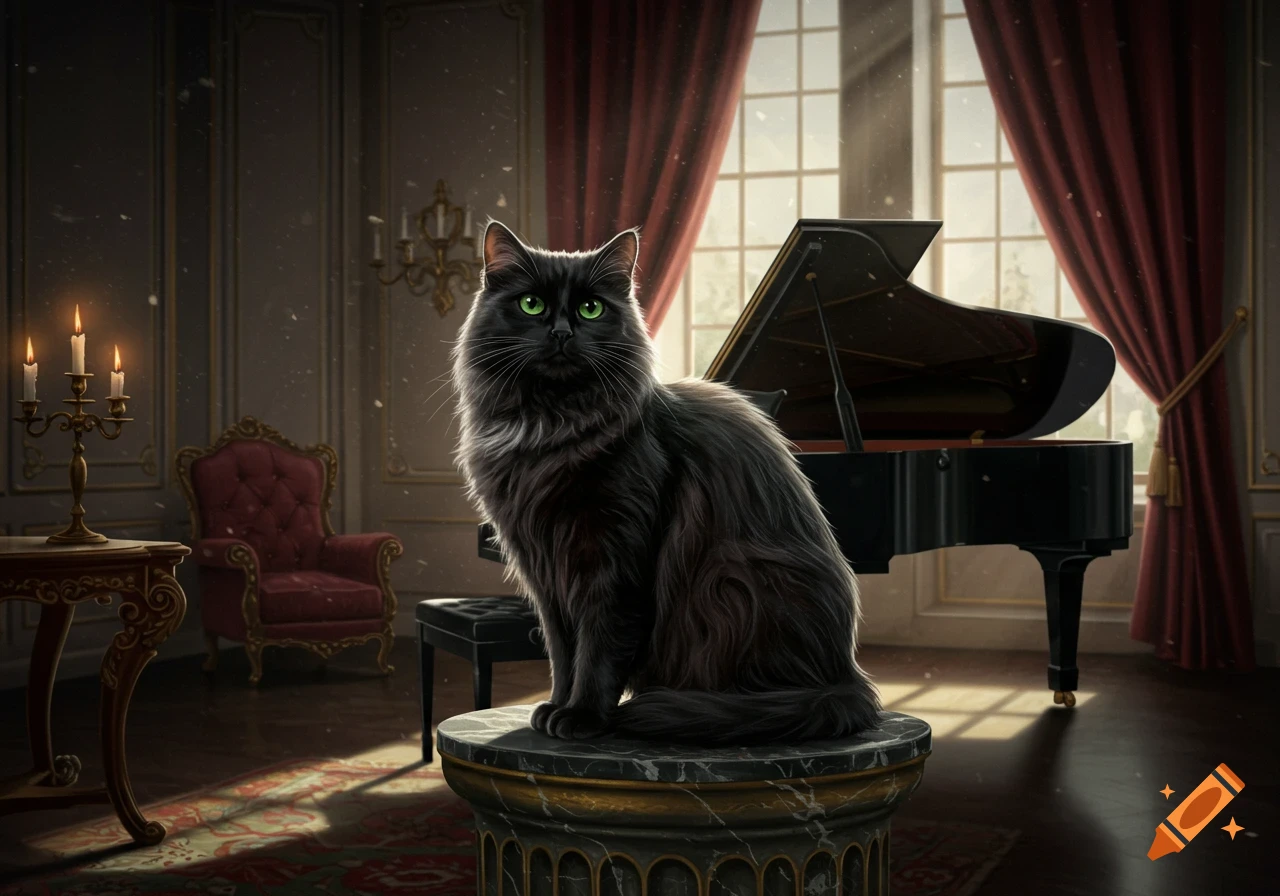 A majestic fluffy black cat with vivid green eyes sits on a marble pedestal in an elegant room with a grand piano and large windows.