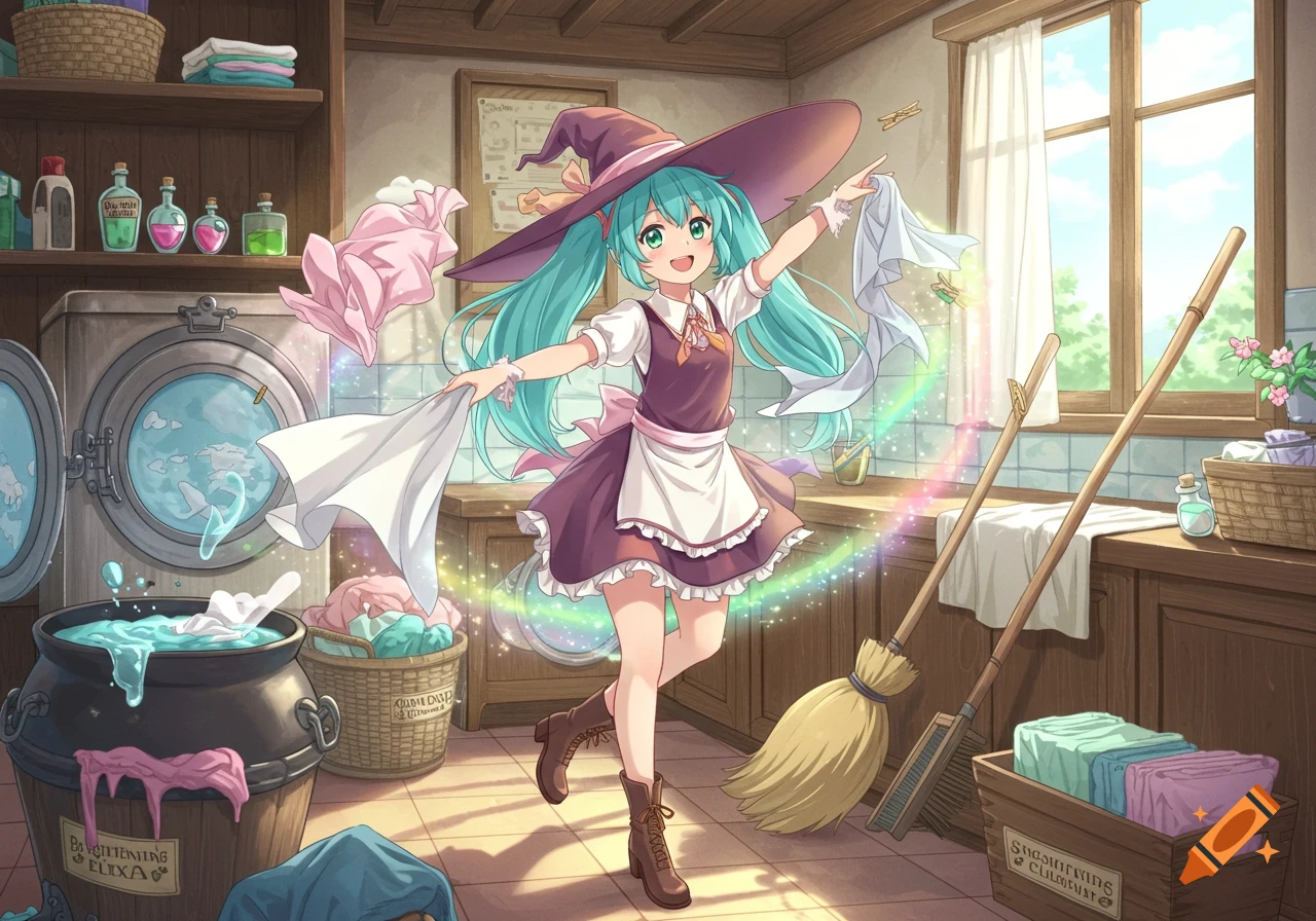 An anime witch girl with turquoise hair and a purple hat uses magic to do laundry in a charming, sunlit room, creating rainbows as clothes float around her.