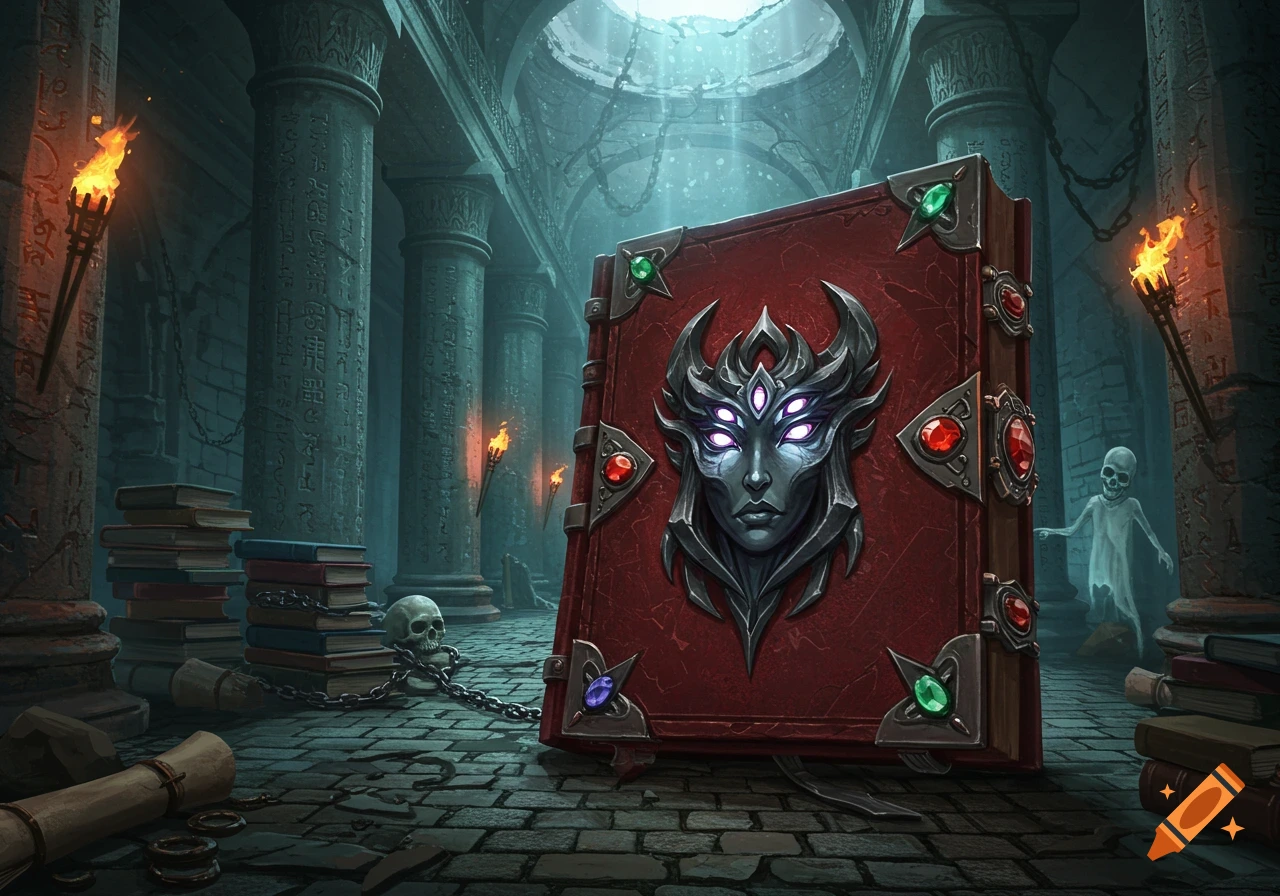 An elaborate, crimson-bound magic book with a demonic metal face and glowing eyes in an ancient, torch-lit stone ruin with pillars and skulls.