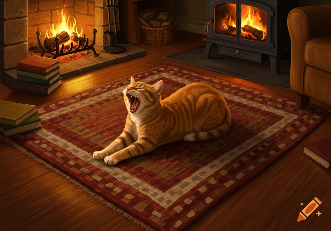 An orange tabby cat yawns while stretching out on a patterned rug in front of a warm fireplace and wood-burning stove.