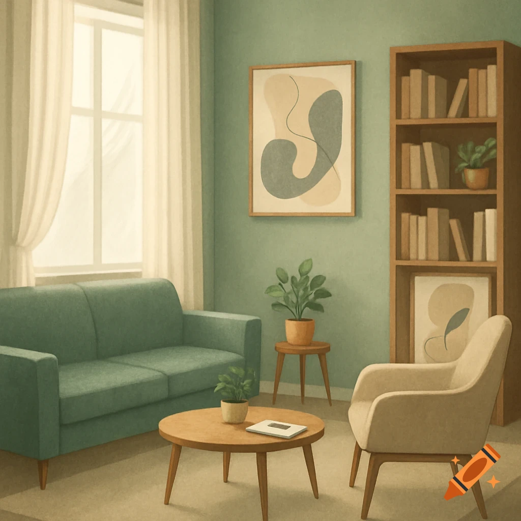 Stylized living room with a green sofa, beige armchair, wooden furniture, potted plants, and abstract art on a sage green wall.