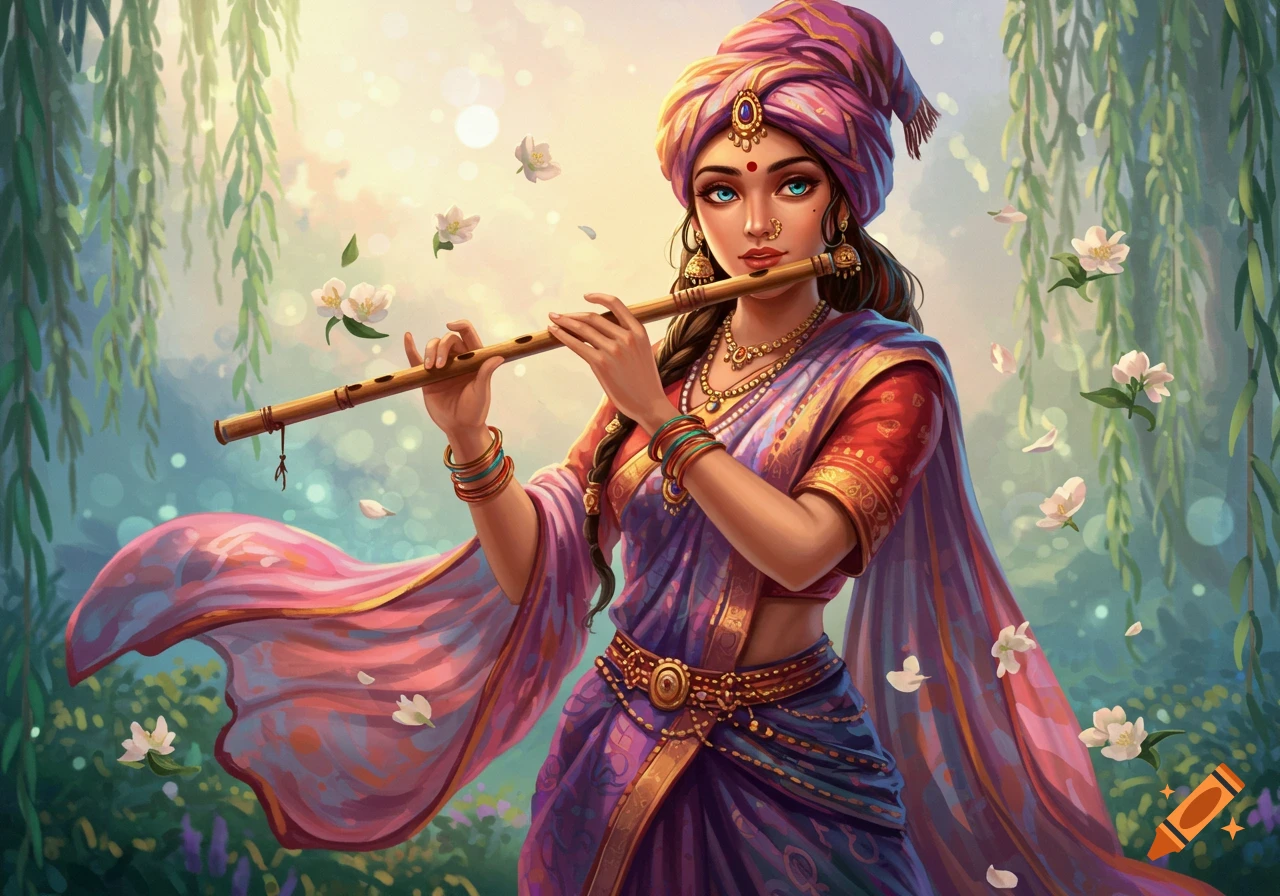 A woman in a purple sari and pink turban plays a flute amidst falling jasmine flowers in a vibrant, fantastical digital painting.