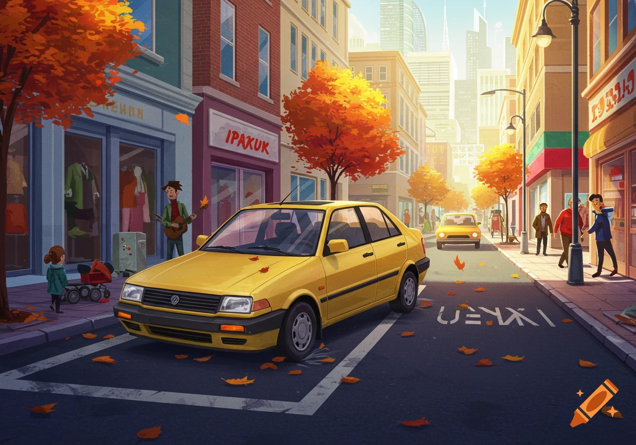 A cartoon-style autumn cityscape shows a yellow car parked on a street lined with buildings and people, with orange-leafed trees.