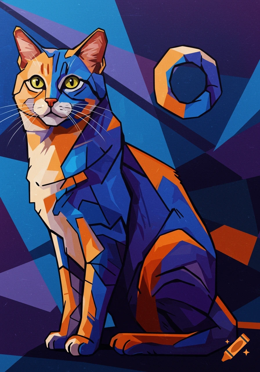 Cubist painting of a cat made of orange and blue geometric shapes, against a blue and purple geometric background.