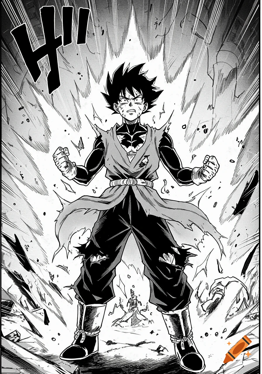 Black and white manga panel of a spiky-haired character powering up in an explosion, with sound effects.