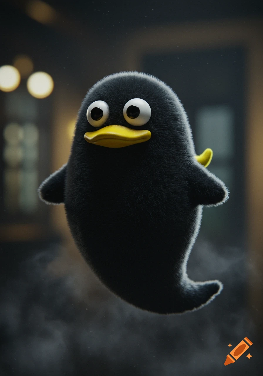 A fuzzy, black, ghost-like creature with big googly eyes and a yellow duck beak floats in a dark, hazy background.
