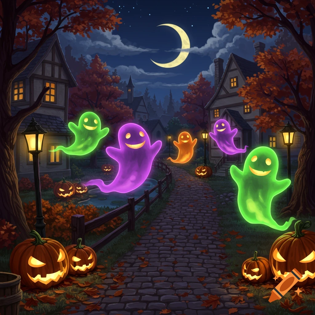 Colorful glowing ghosts float among carved jack-o'-lanterns on a cobblestone path in a spooky autumn village at night under a crescent moon.