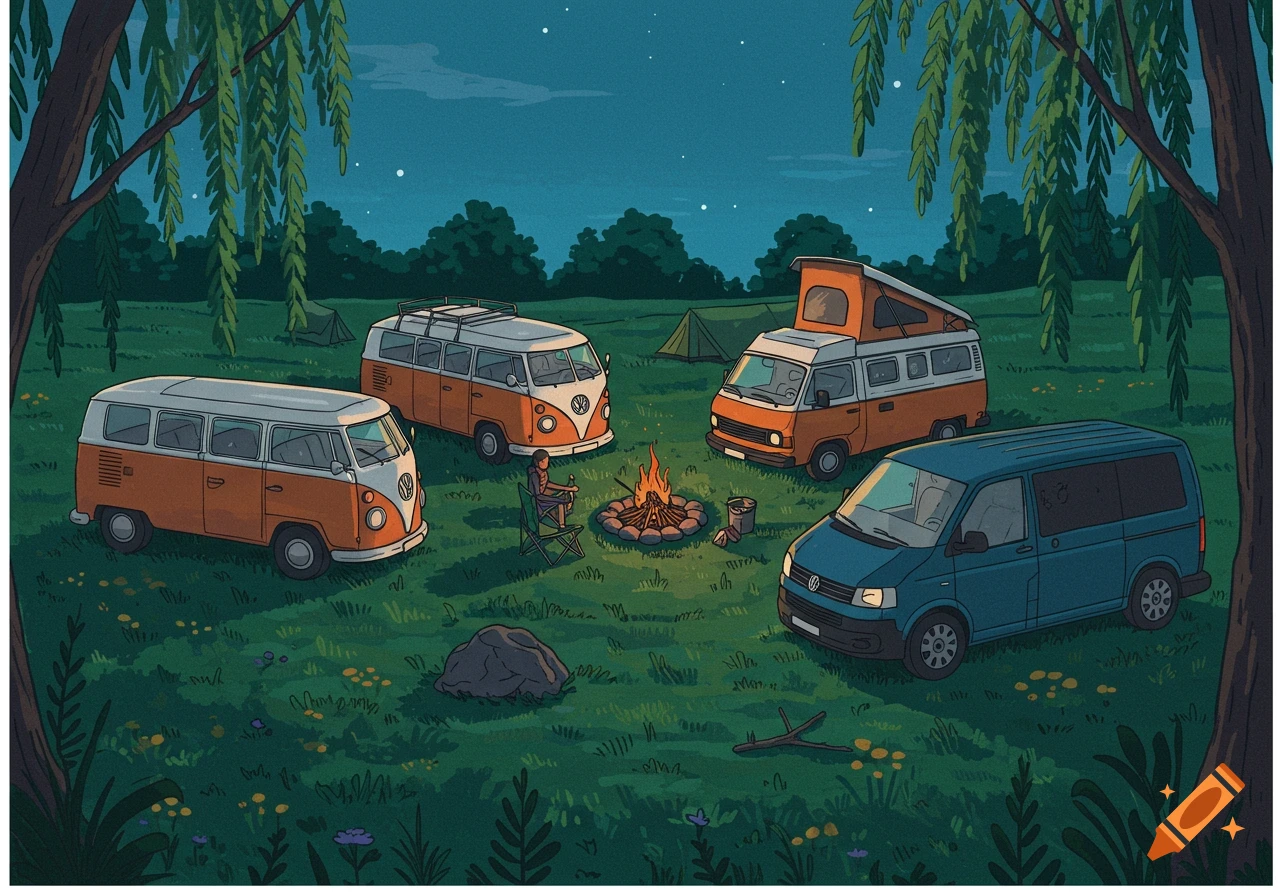 Folky illustration of new and old Volkswagen vans camping around a campfire at night.