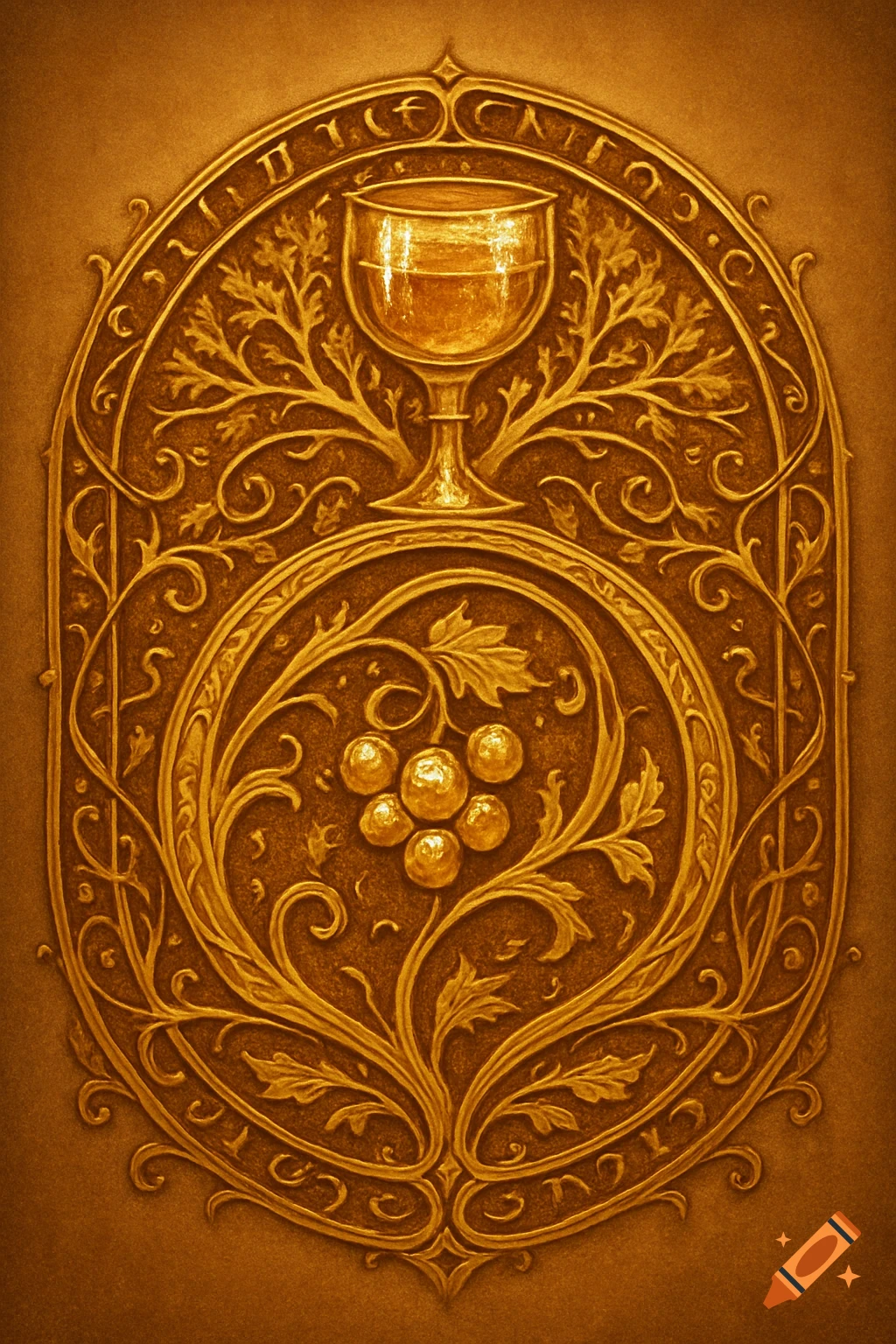 Ornate golden fantasy sigil featuring a chalice, grapevines, and decorative patterns on a textured background.