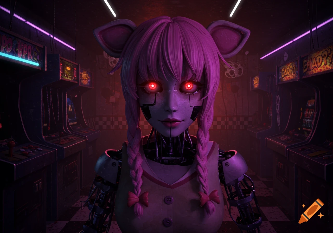 Close-up of a pink-haired animatronic with glowing red eyes in a dark, neon-lit arcade.