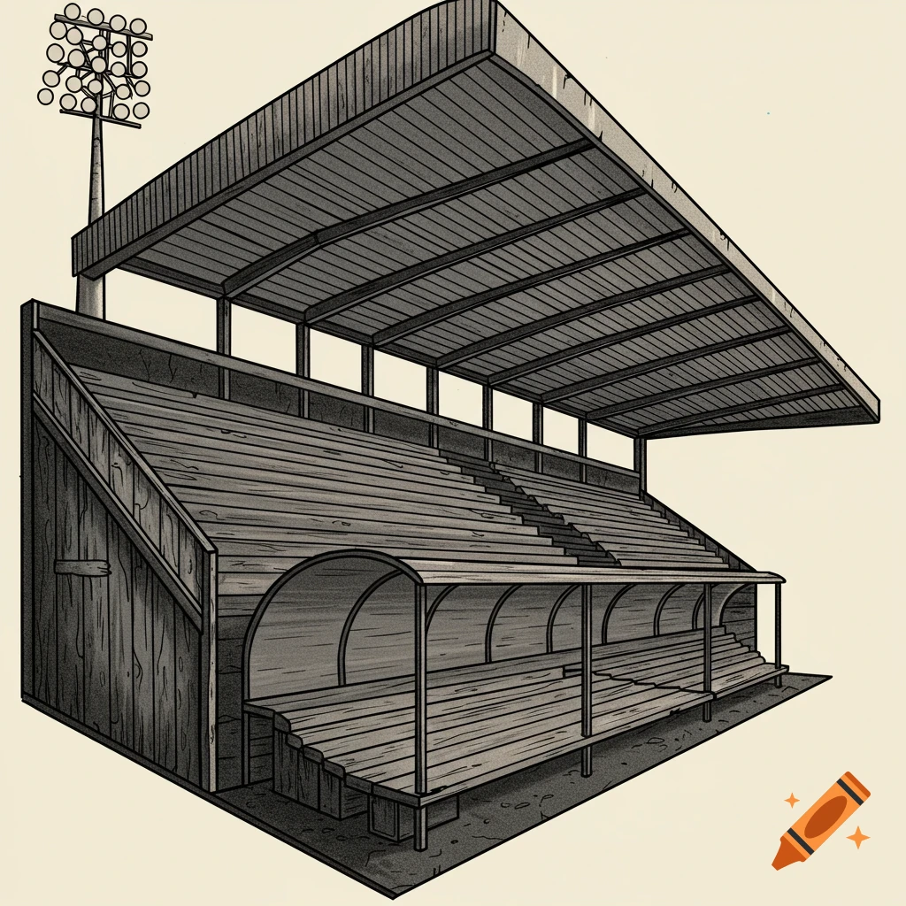A black and white illustration of an old wooden stadium stand with a roof and a tall floodlight mast.