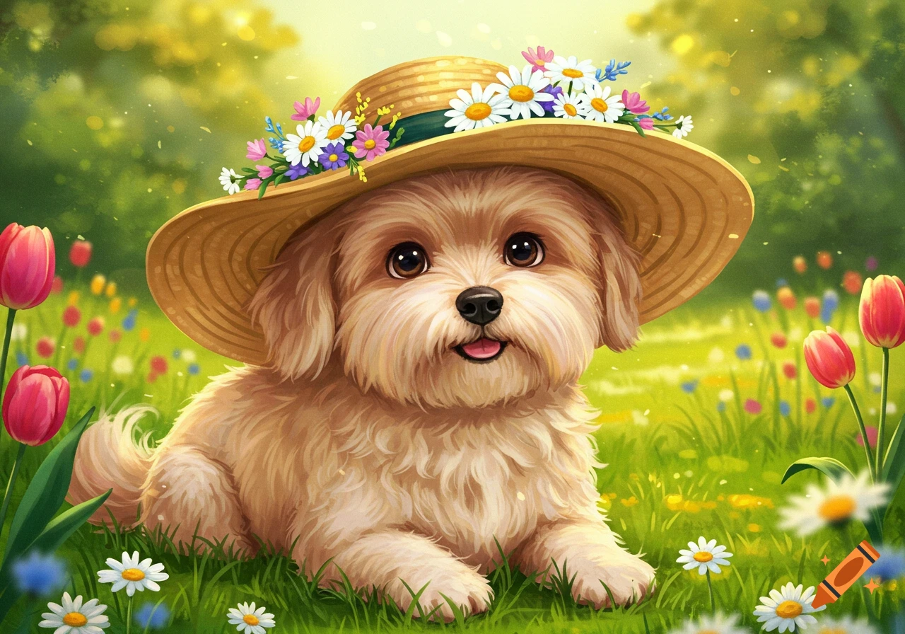 A cute fluffy dog in a straw hat adorned with colorful flowers, lying in a sunny field of spring flowers.