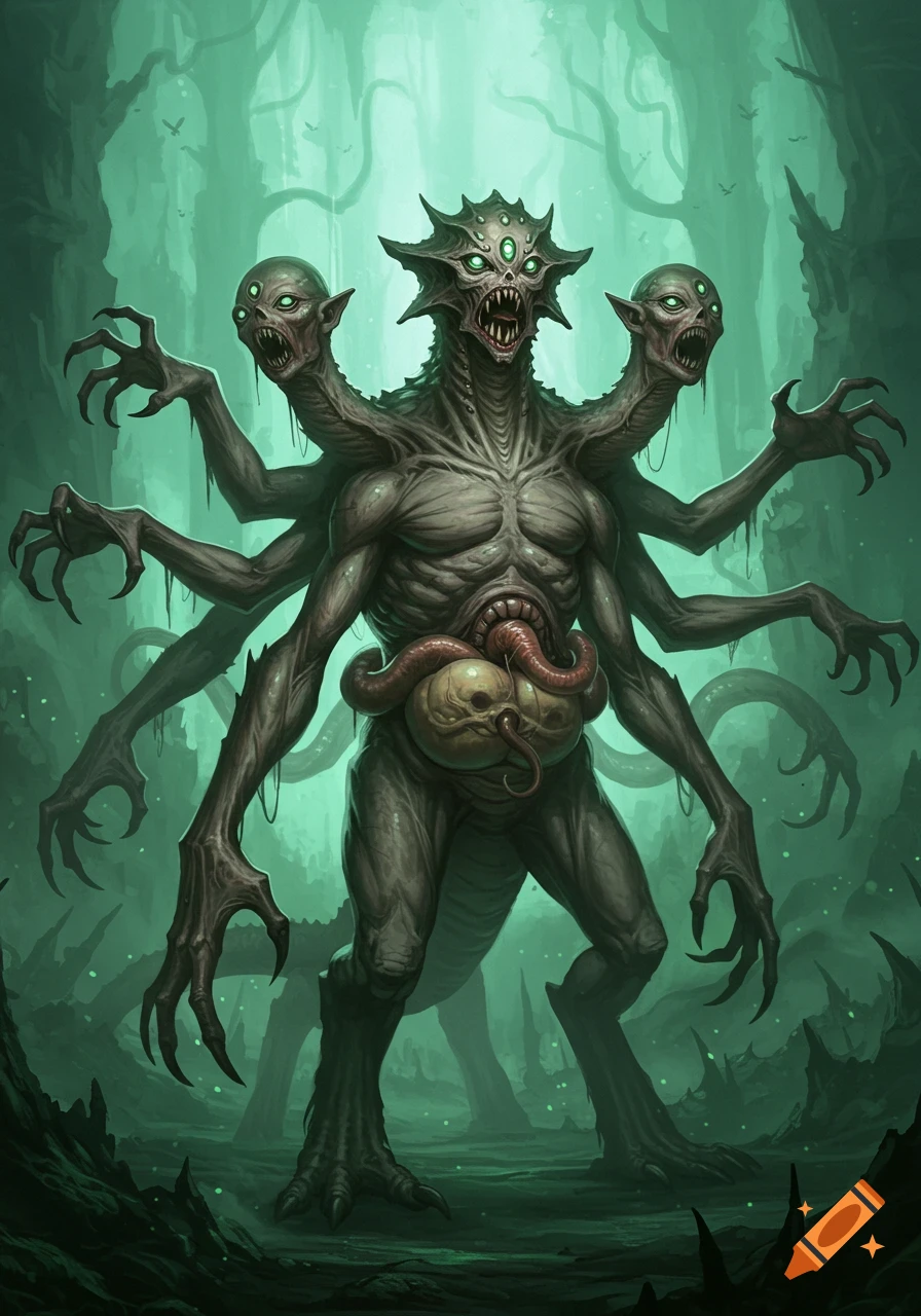 A monstrous creature with three heads, nine glowing eyes, eight arms, and exposed internal organs, standing in a dark, eerie, swampy forest.