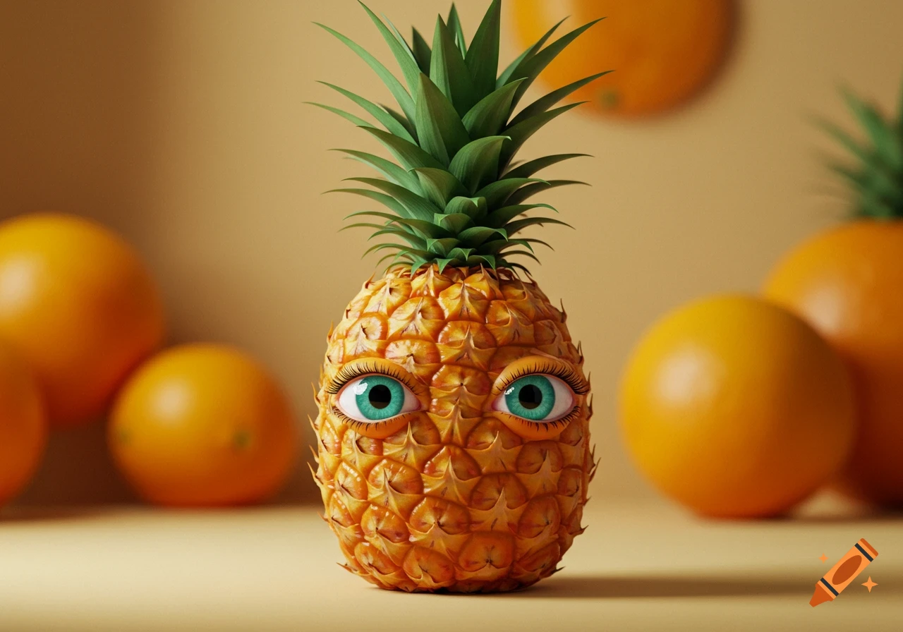 A close-up of a pineapple with large, bright blue human eyes embedded in its body, against a blurred background of oranges.