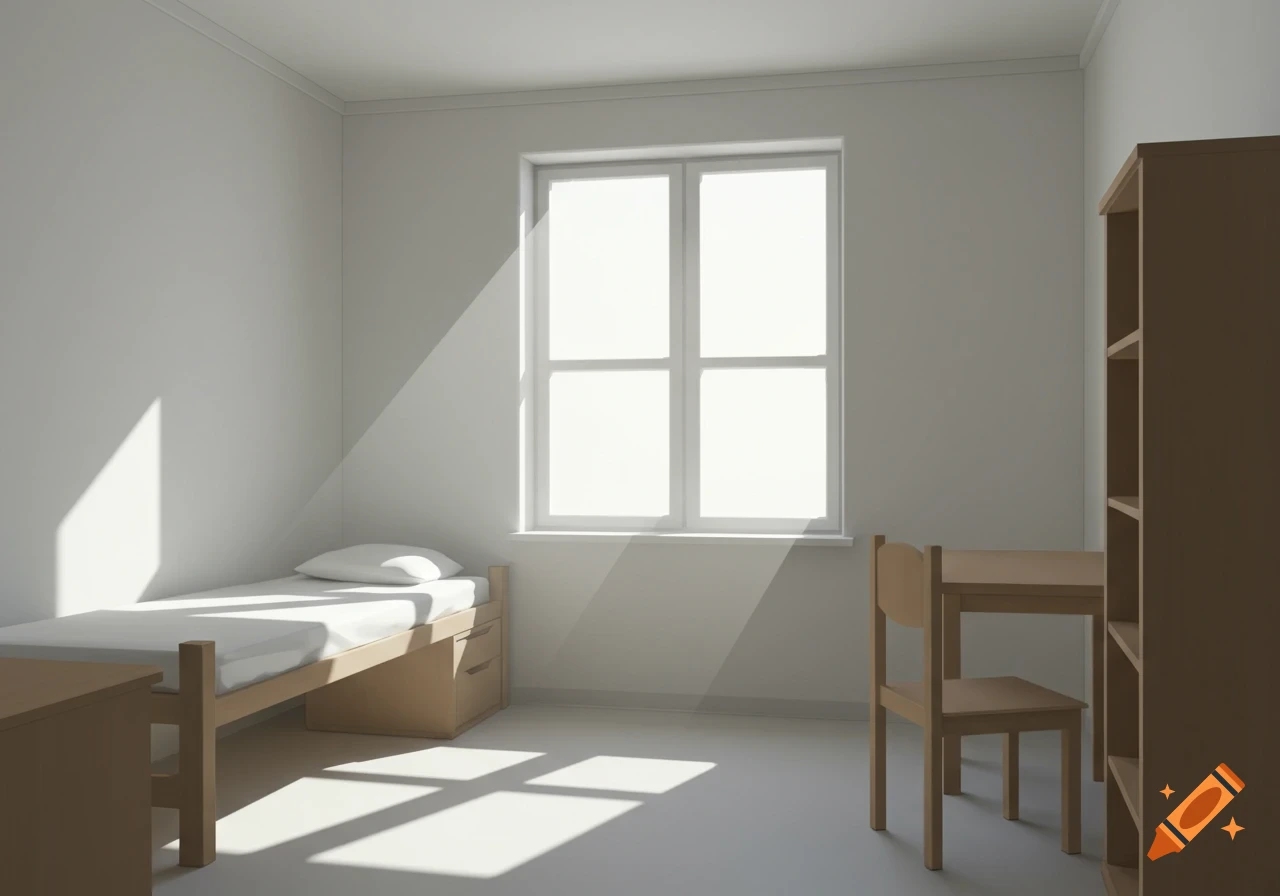 A minimalist dorm room with a bed, desk, chair, and bookshelf, bright sunlight streaming through a large window.