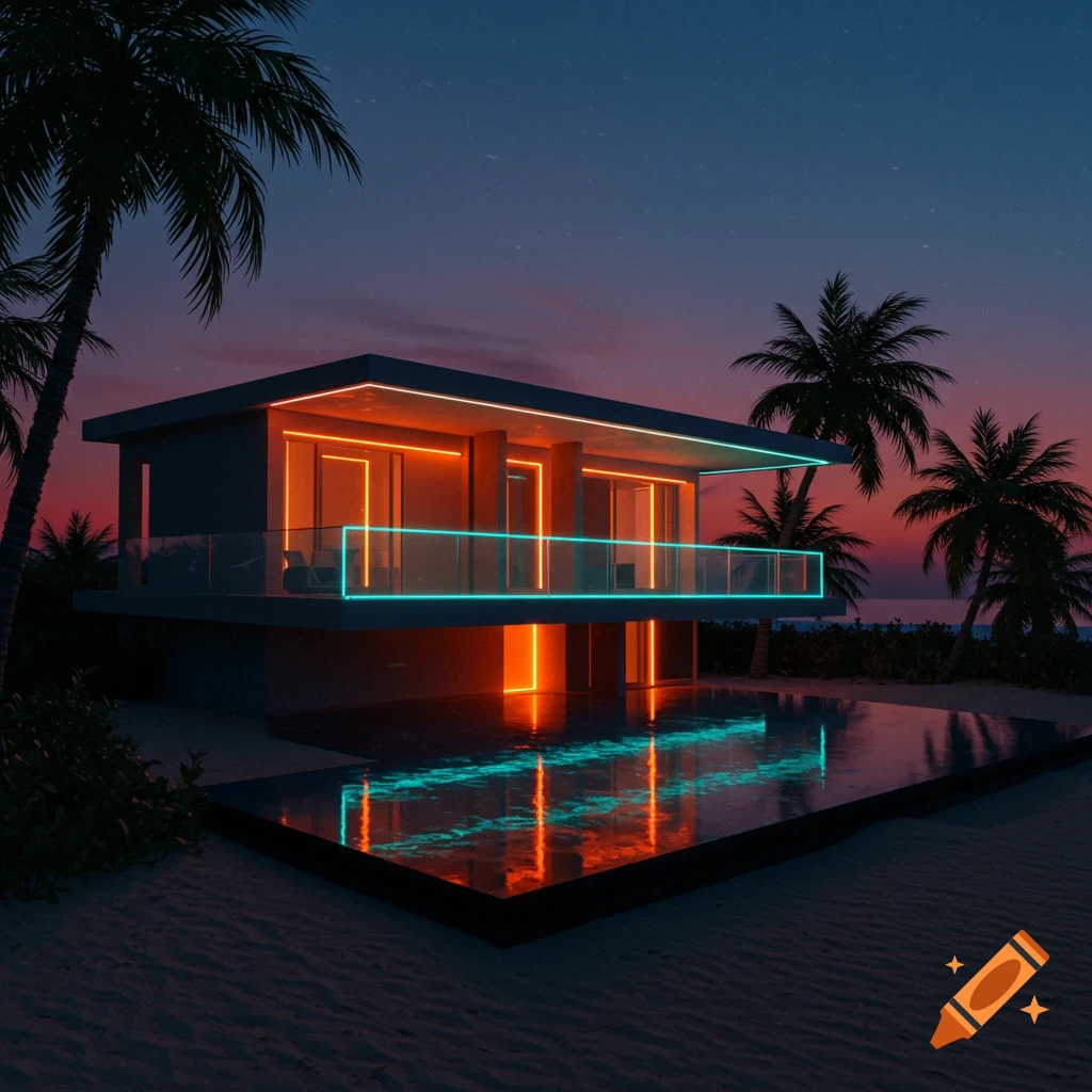 Modern beach villa with neon orange and cyan lights reflecting in a pool at dusk, surrounded by palm trees.