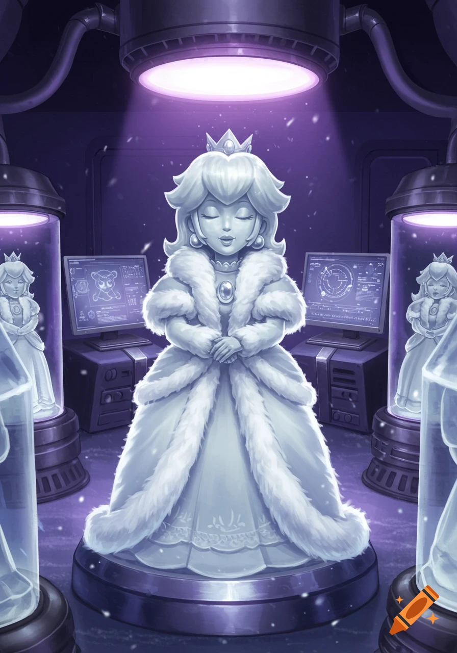 An ice statue of Princess Peach in a white fur coat stands in a purple-lit laboratory surrounded by computers and other ice statues.