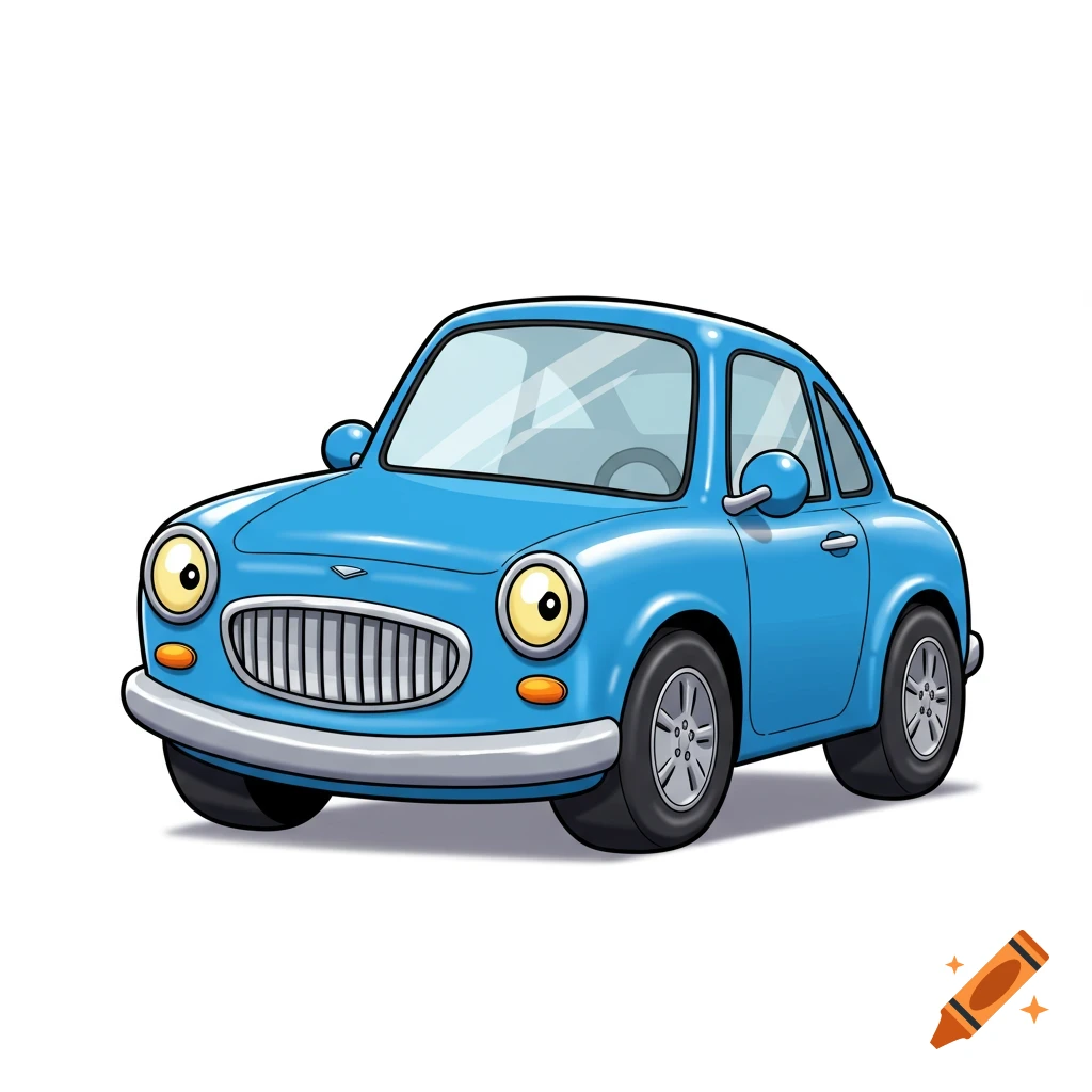 A bright blue cartoon car with large yellow headlights and a silver grille on a white background.
