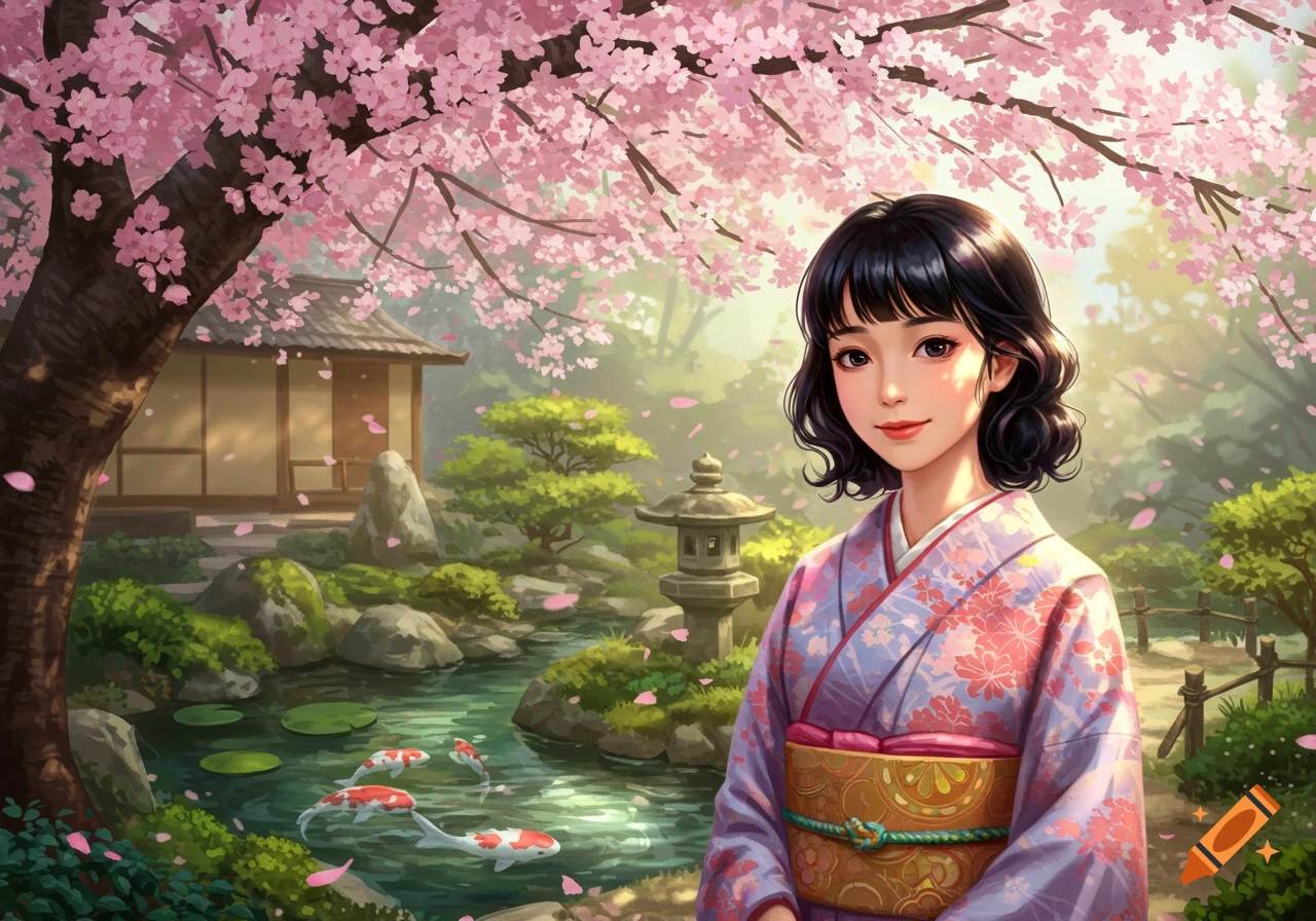 Anime-style young Japanese woman in a kimono in a serene cherry blossom garden with koi fish and a traditional house.