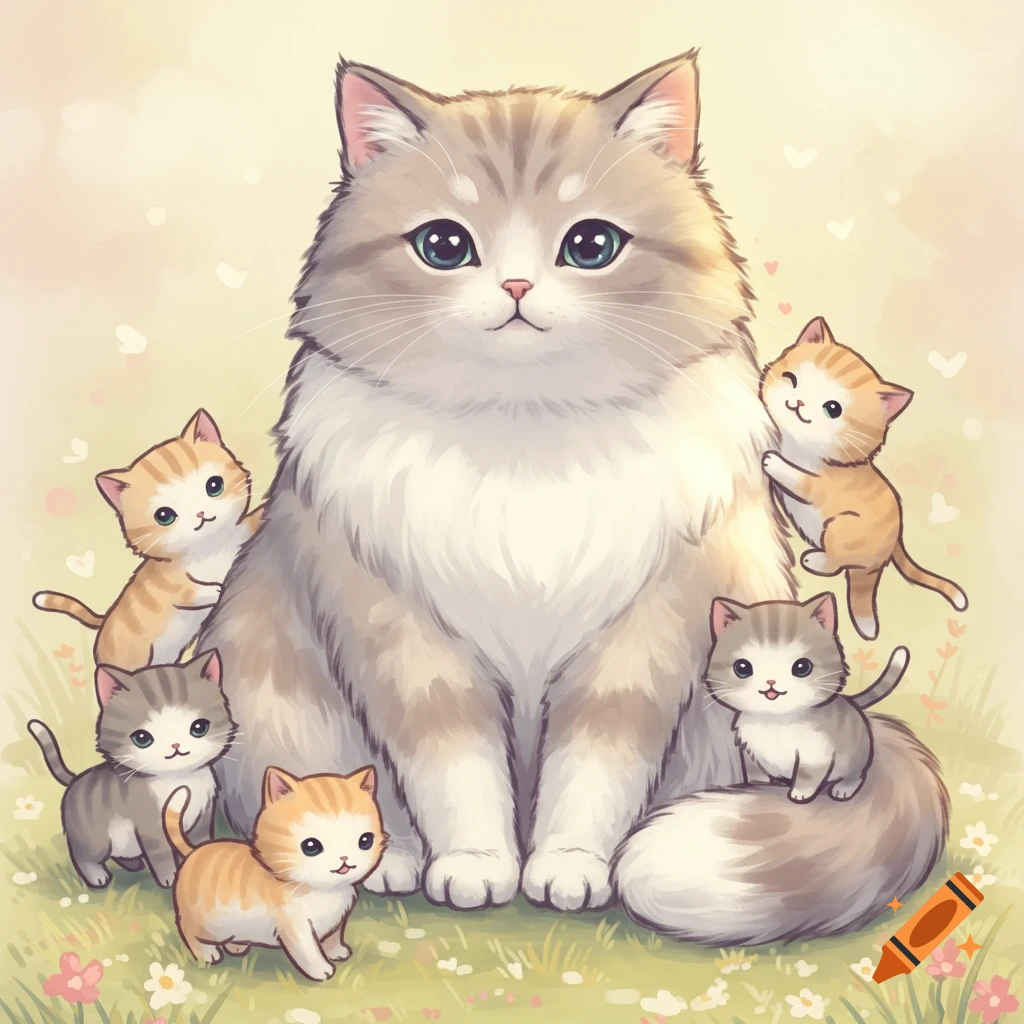 A pastel kawaii digital illustration of a fluffy mother cat sitting in a grassy field, surrounded by five cute kittens.