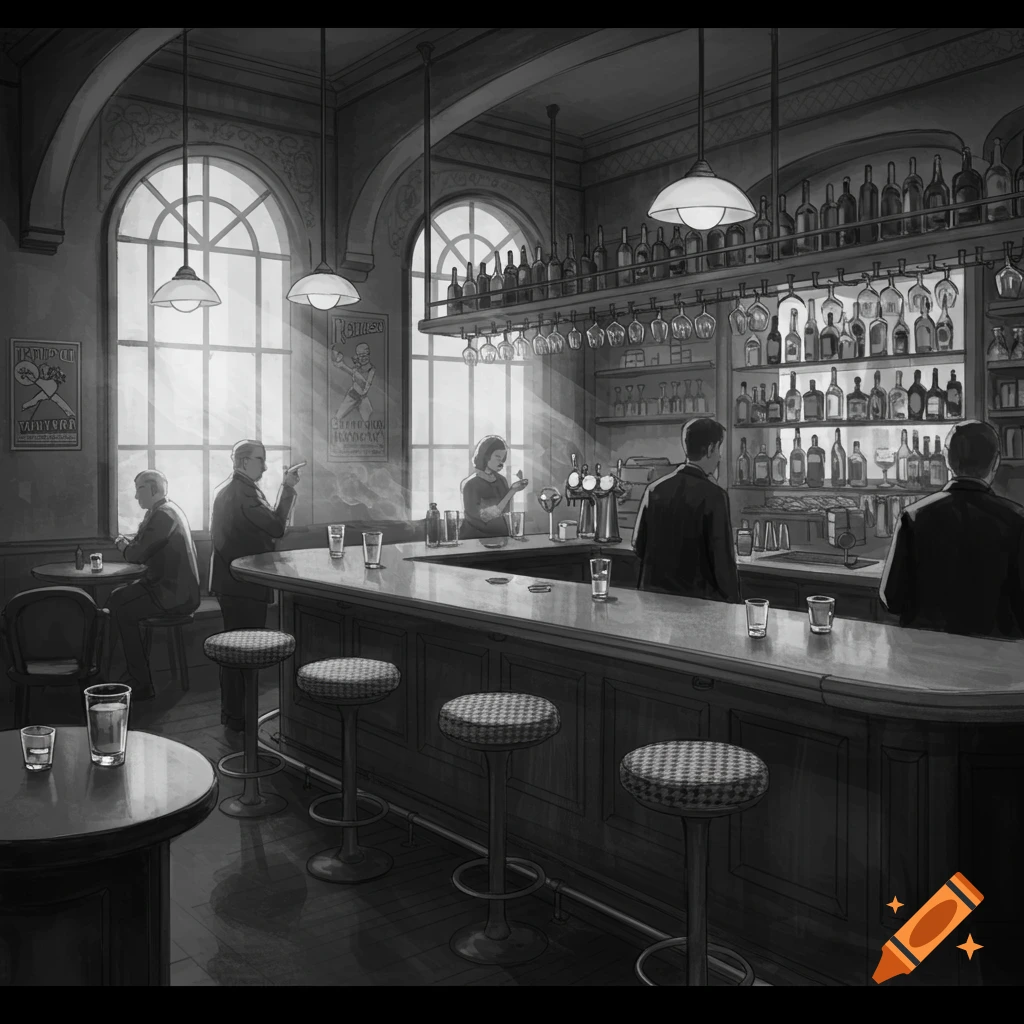A black and white illustration of the interior of a dimly lit bar with patrons and a bartender.