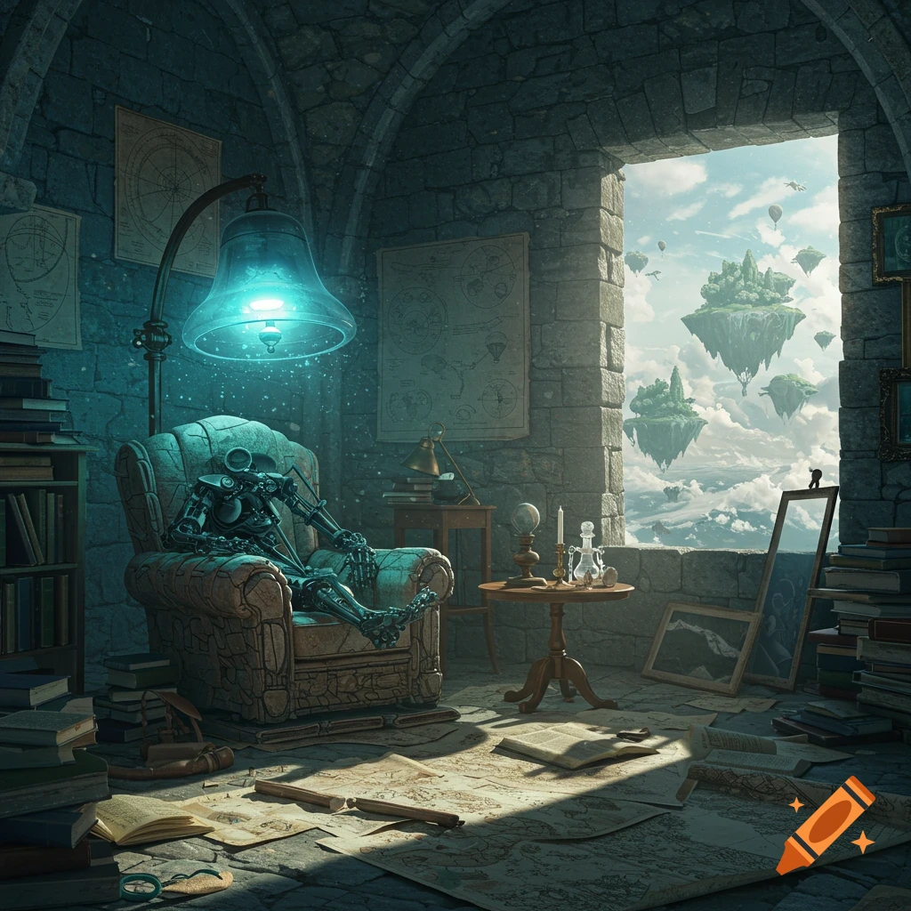 A robot sits in an armchair in a detailed stone room, looking out a window at surreal floating islands in a cloudy sky. Maps and books litter the floor.
