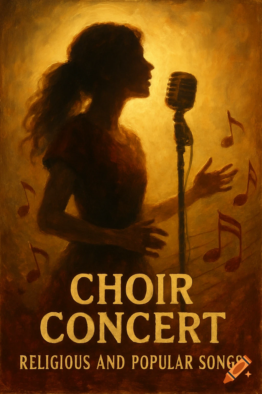 Oil painting poster of a woman's silhouette singing into a microphone, with musical notes and text 'CHOIR CONCERT RELIGIOUS AND POPULAR SONGS'.