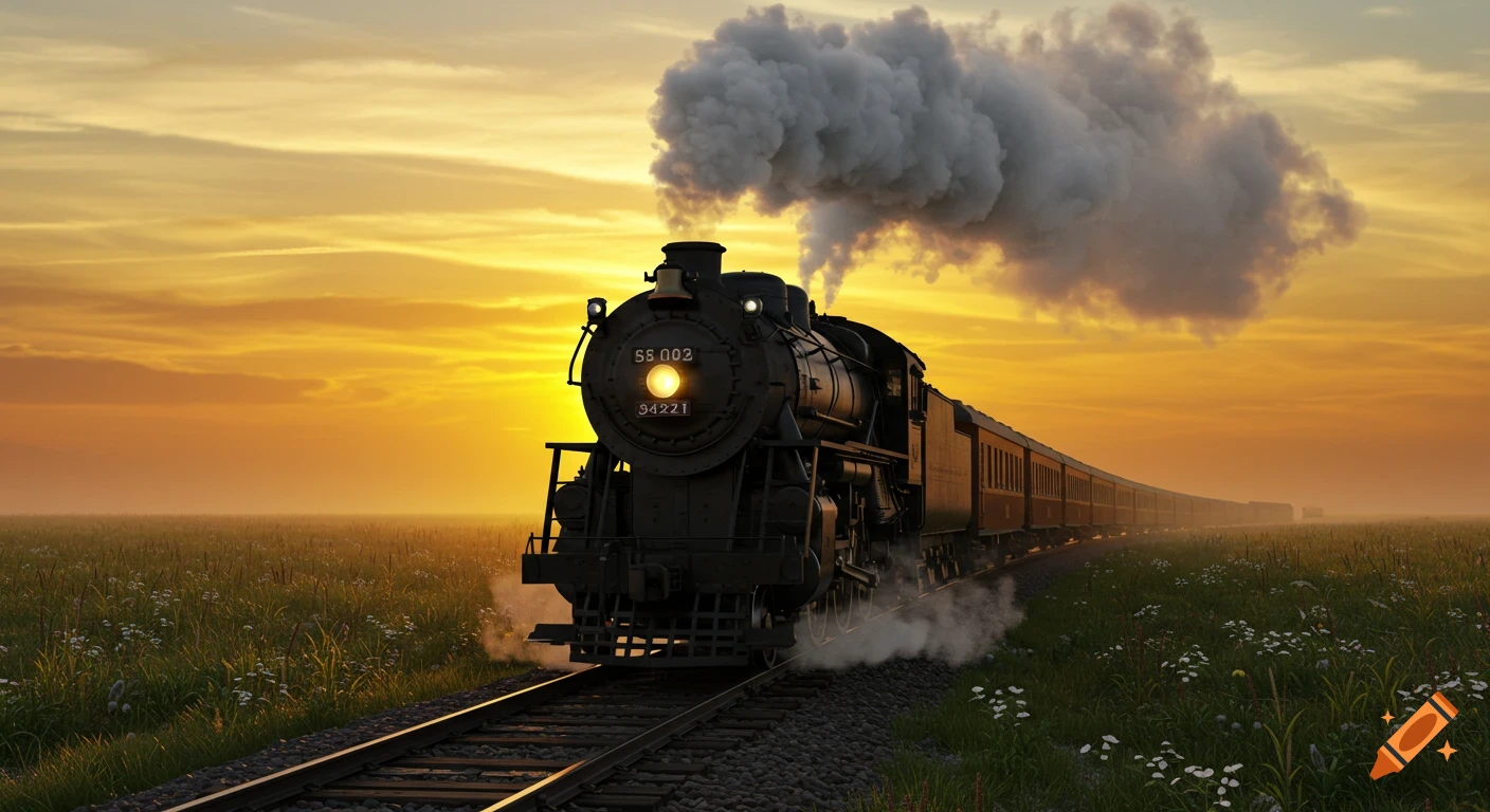 A photorealistic steam train emits smoke as it travels through a grassy field towards a vibrant sunset.