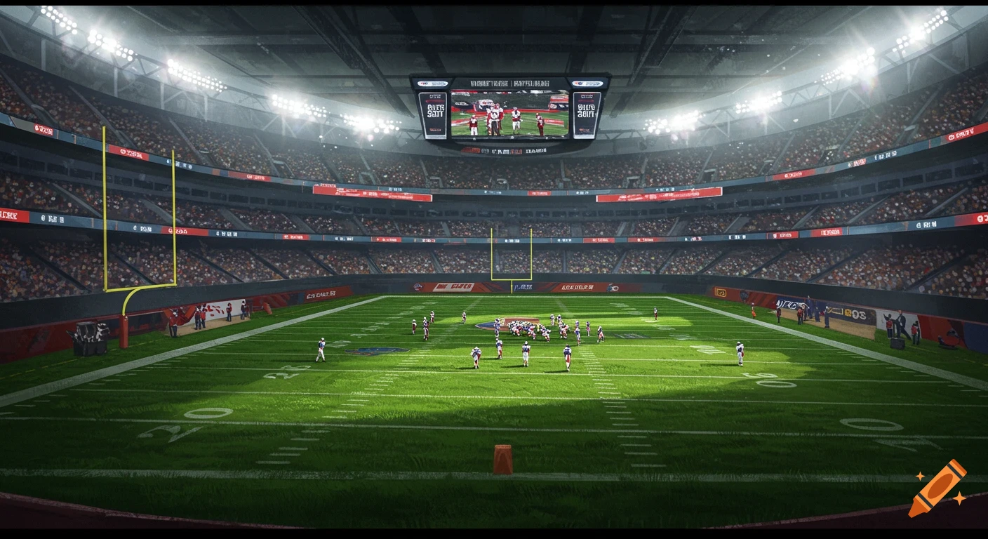 An American football game in a large, brightly lit indoor stadium with players on the field and spectators in the stands.