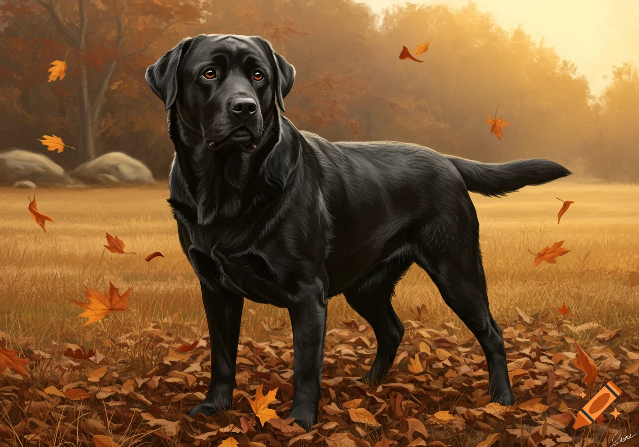 A majestic black Labrador stands amidst fallen autumn leaves in a field, illustrated with a soft focus background.
