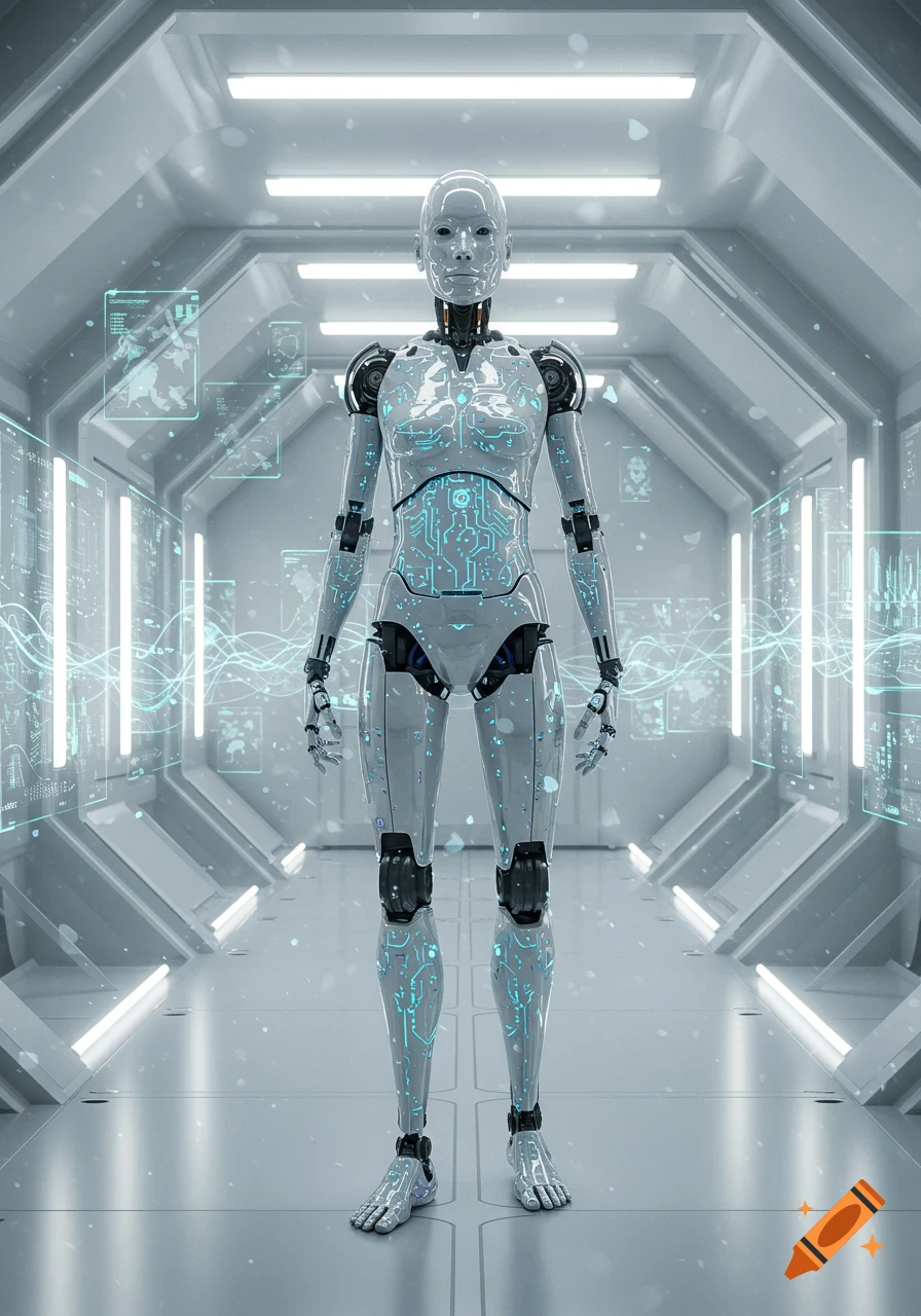 A white humanoid robot with glowing blue circuits stands in a futuristic, grey metallic corridor with holographic data screens.