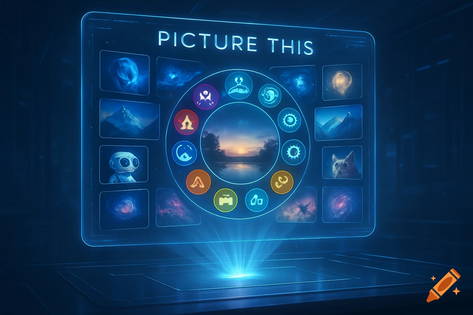 A futuristic glowing holographic screen displays 'PICTURE THIS' with a central landscape, small images, and colorful icons.