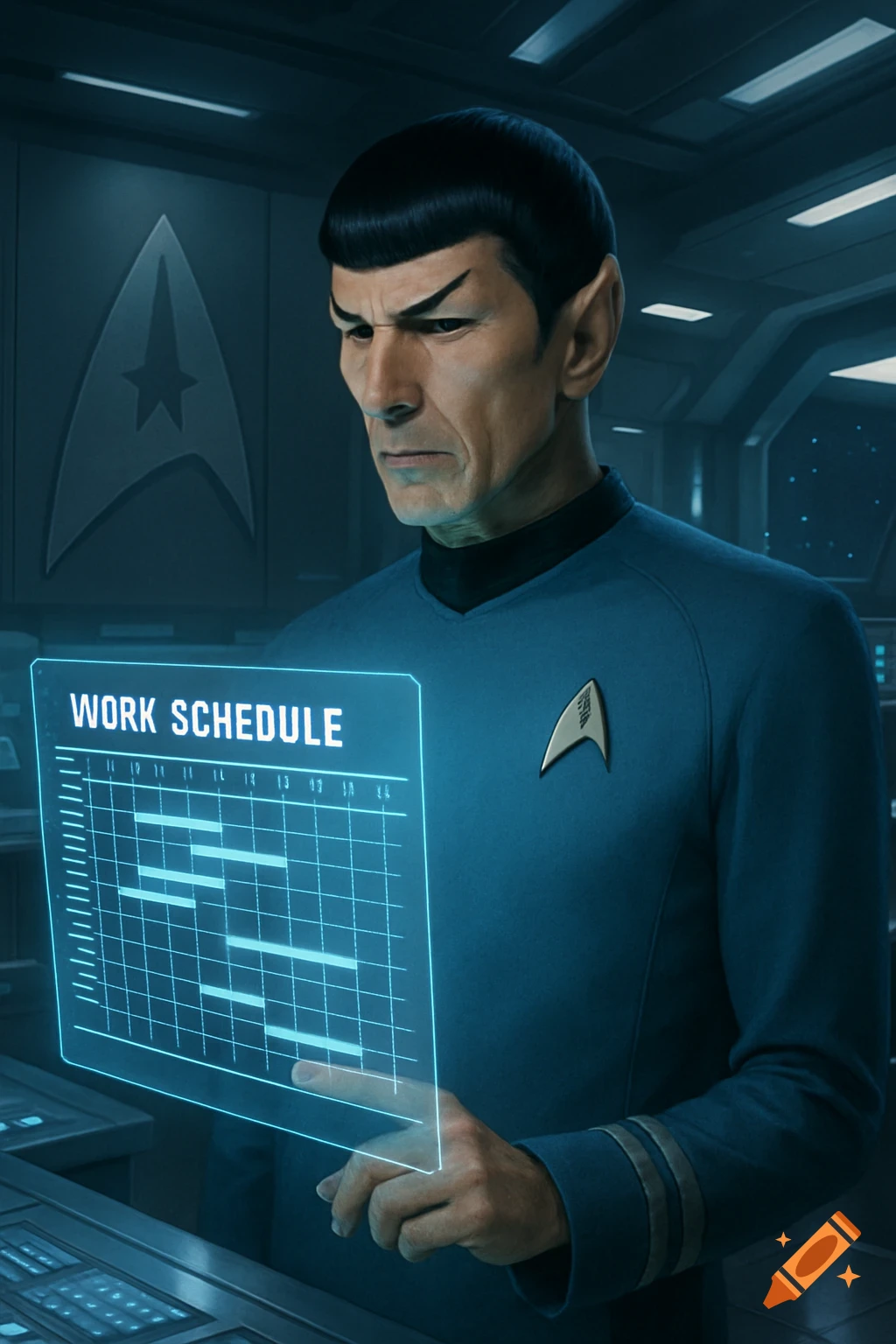 Mr. Spock in a Starfleet uniform examines a holographic work schedule on a spaceship bridge, photorealistic style.