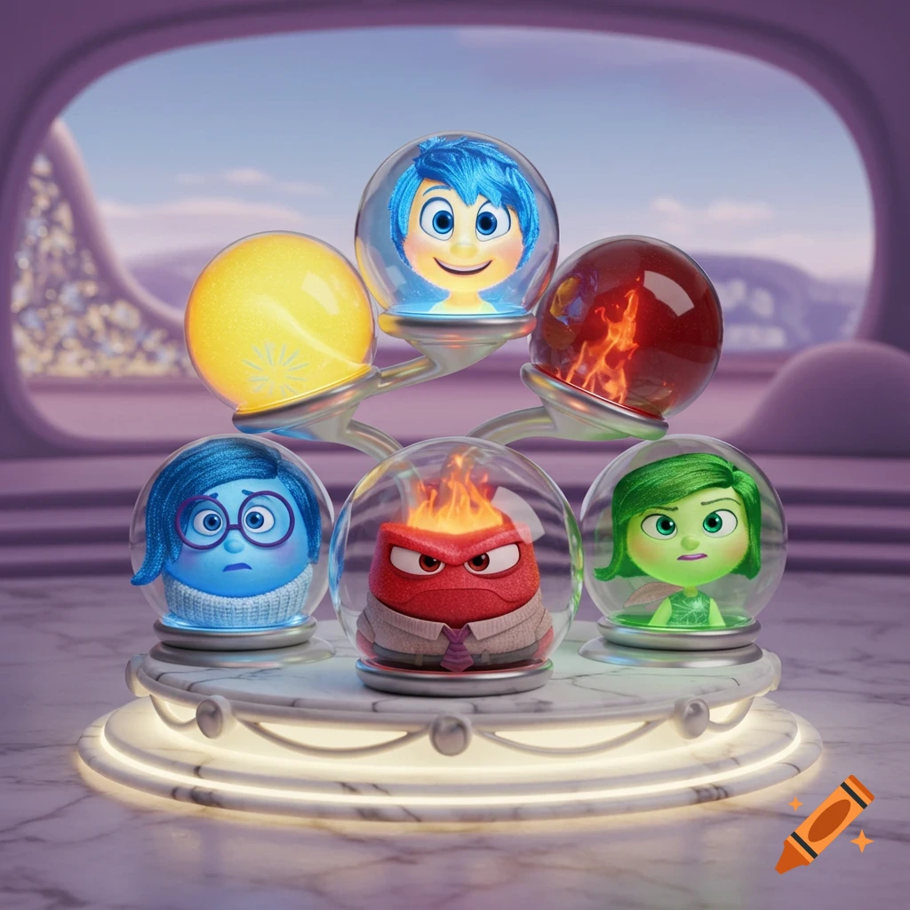 Five emotions from Inside Out in clear spheres, plus a glowing yellow sphere, arranged on a tiered white pedestal.