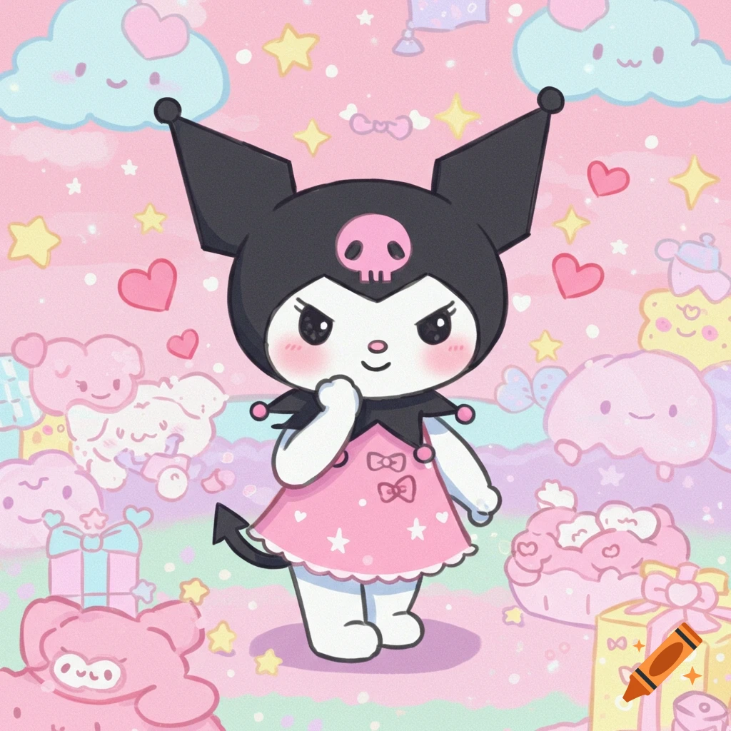A cute Kuromi character in a pink dress with a skull cap and devil tail, surrounded by pastel clouds, stars, hearts, and other cute figures.