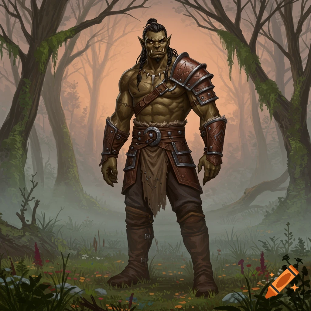 Muscular green-skinned male orc in leather and metal armor stands in a misty forest. Digital painting.