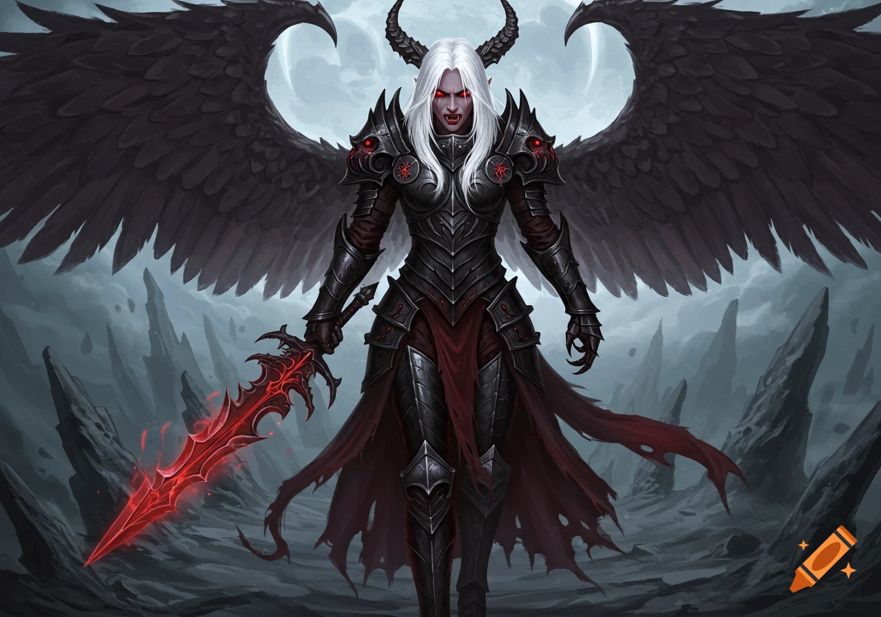 A powerful female death knight with white hair, red eyes, horns, dark armor, large black wings, and a glowing red runic sword.