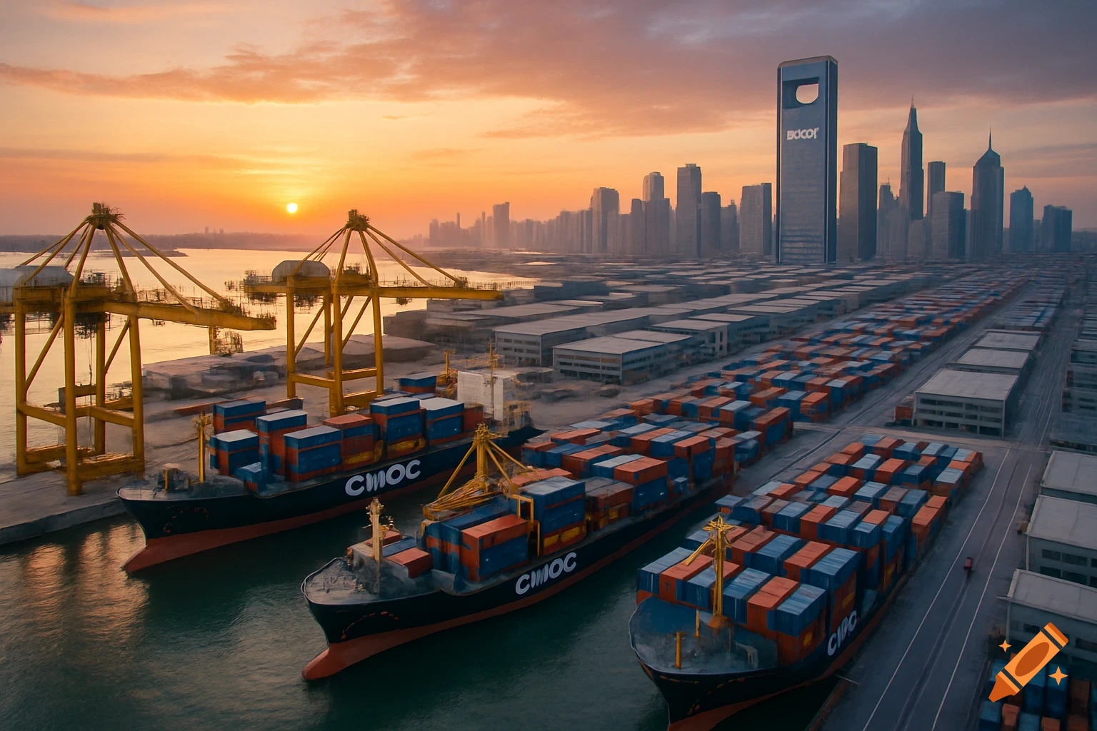 An aerial view of a busy port at sunset with several large cargo ships, cranes, and a city skyline in the background.