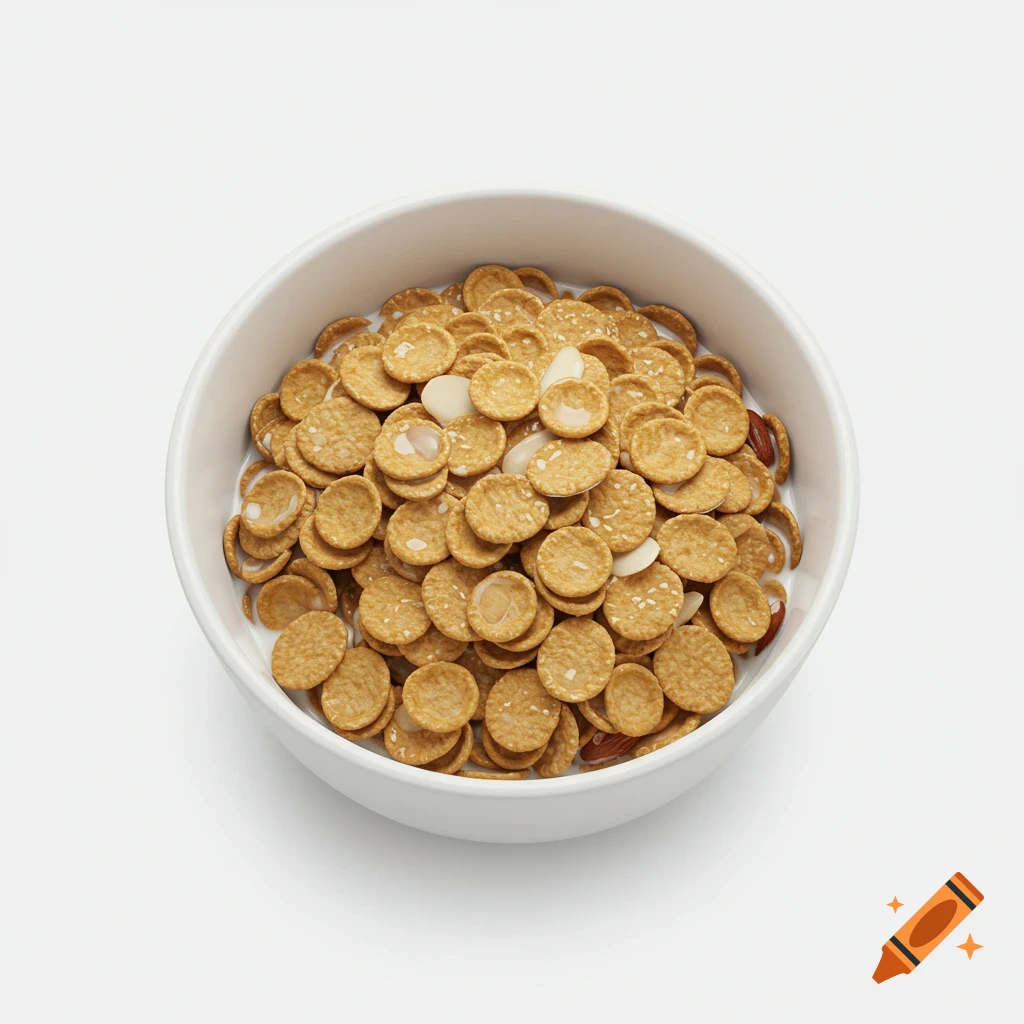 A white bowl filled with golden round cereal flakes, almond slivers, and milk on a white background, top-down view.