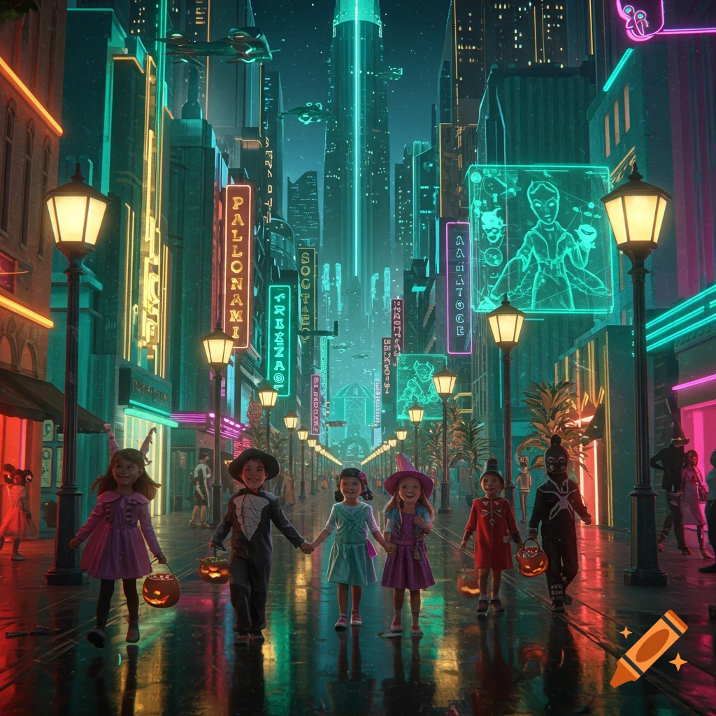 Children in Halloween costumes trick-or-treating in a neon-lit futuristic city at night.
